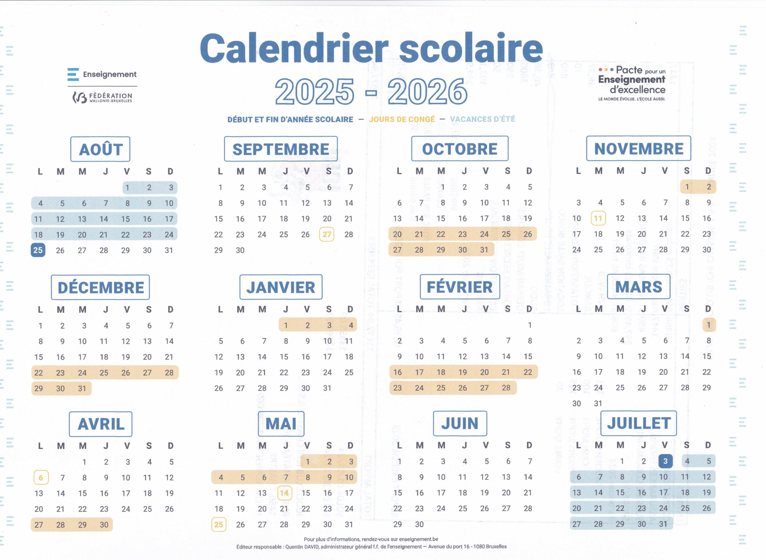 Calendrier scolaire 2025-2026